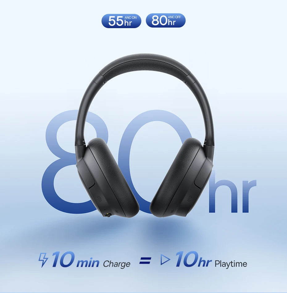 Black headphones with battery life display on a blue gradient background