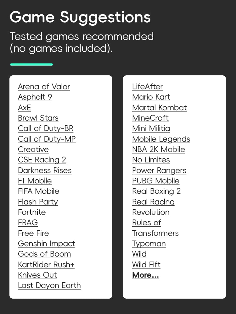 Game suggestions list showing tested mobile titles compatible with Data Frog controller, including popular racing, shooter, and RPG games.