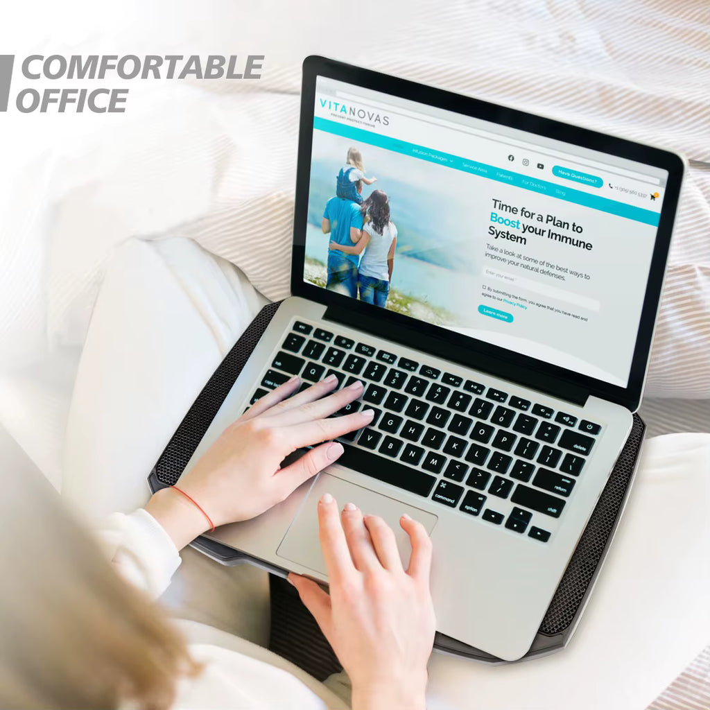 COOLCOLD F2PLUS Pro comfortable office desk lifestyle photography featuring user typing on laptop