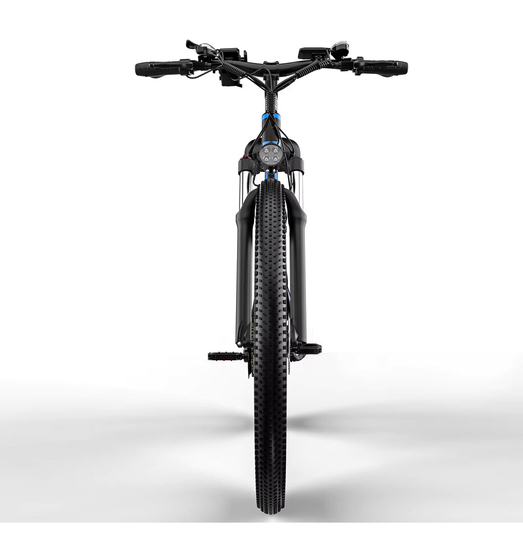 Frontal view of a Black electric bike on a white background