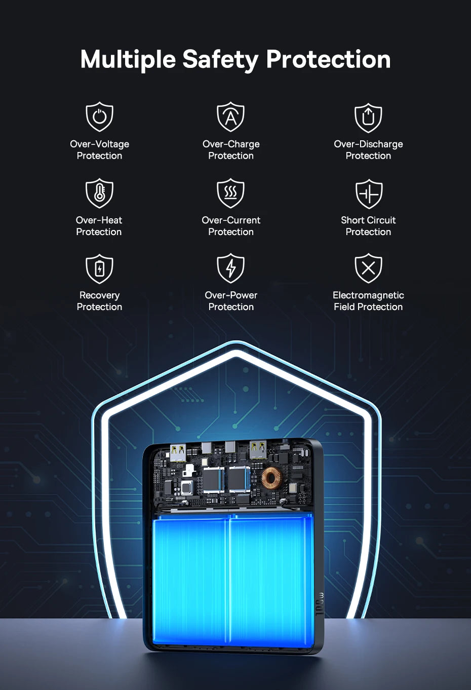Electronic device with safety protection features on a dark background