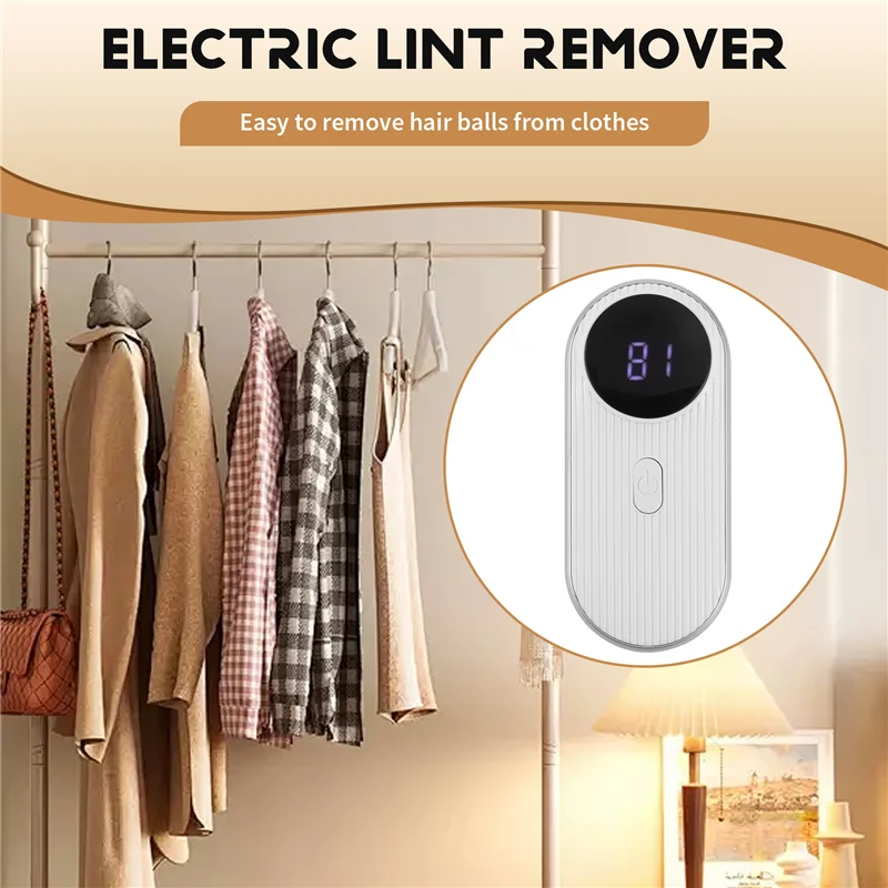 Electric lint remover with digital display shown beside hanging clothes in warm interior setting demonstrating easy removal of lint and hair balls from garments using rechargeable fabric shaver design.
