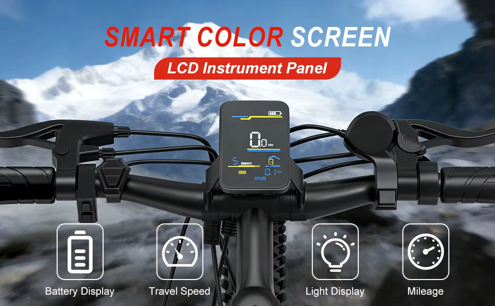 Bicycle handlebar with smart color screen LCD instrument panel against a mountainous background
