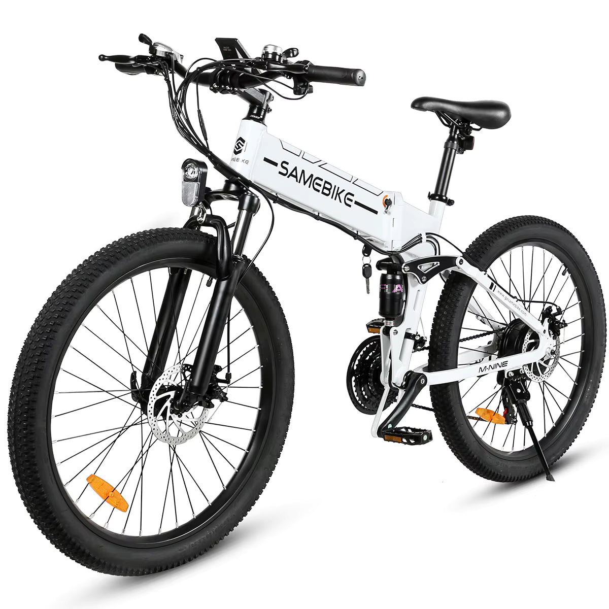 White electric bike with black wheels on a white background