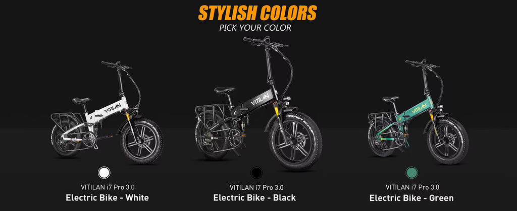 Three Vitilan i7 Pro 3.0 electric bikes in white, black, and green on a dark background with 'Vitilan' branding.