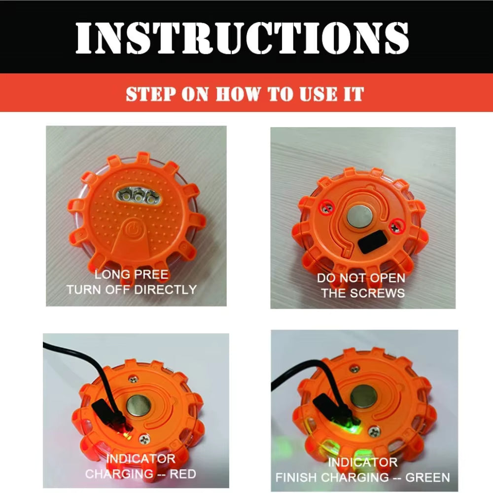 Step-by-step instructions for operating the VARELO rechargeable LED flare power button and USB charging port indicator