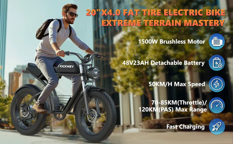 Man riding a Kickwey electric bike with product features displayed on screen