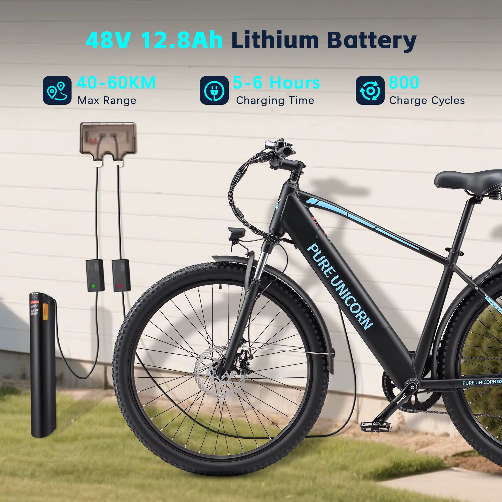 PURE UNICORN U3 Electric bike with 48V 12.8Ah lithium battery and charging station on a grassy area.