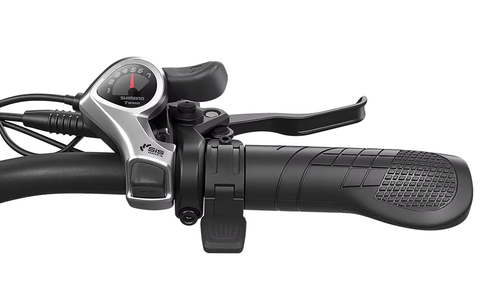Close-up of an EMOKO EC27 electric bicycle handlebar with control panel on a white background