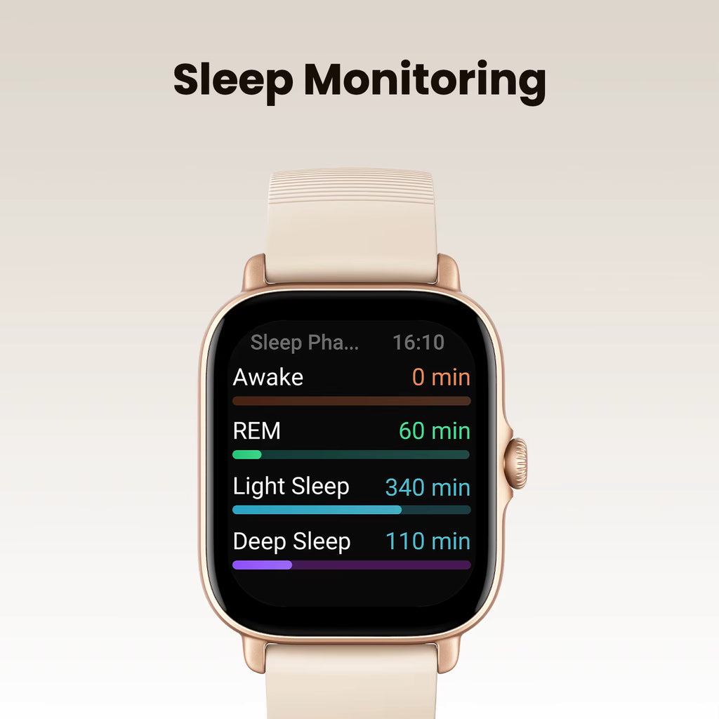 Smartwatch displaying sleep monitoring data on a beige background
