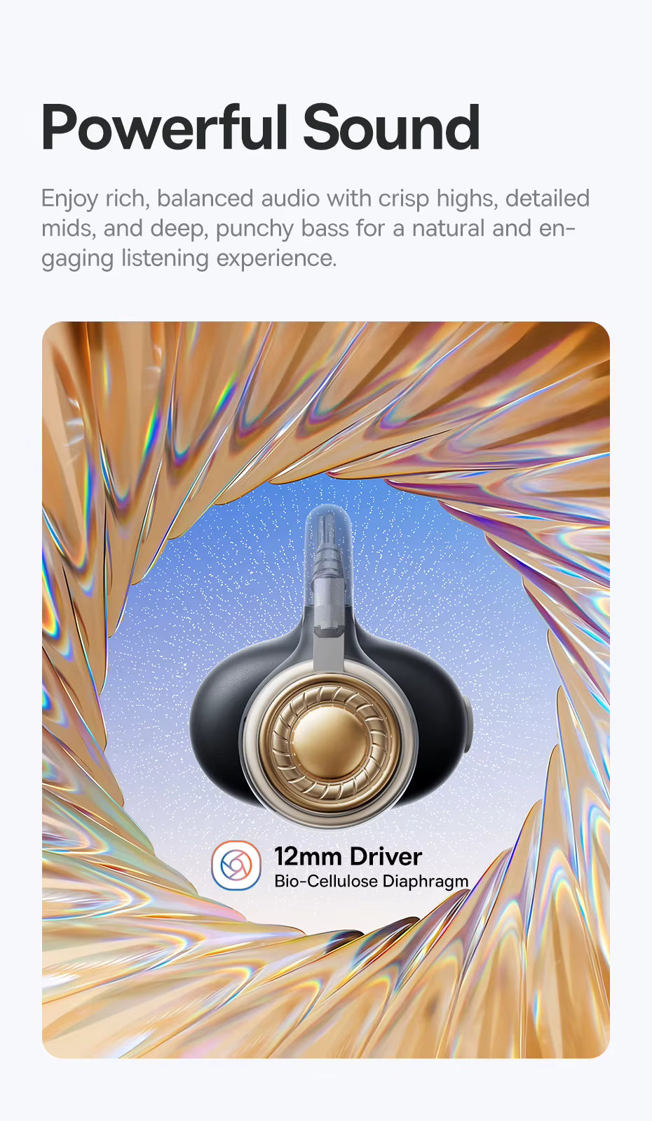 Hifi speaker driver with 'Powerful Sound' text and product details on a colorful abstract background