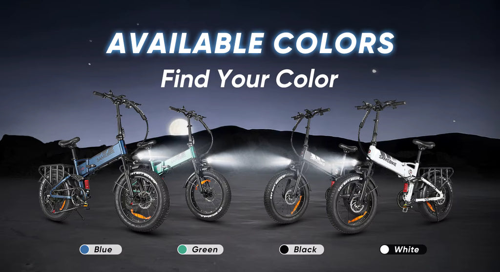 Four Samebike RS‑A02 PRO electric bikes in different colors available with a night sky background