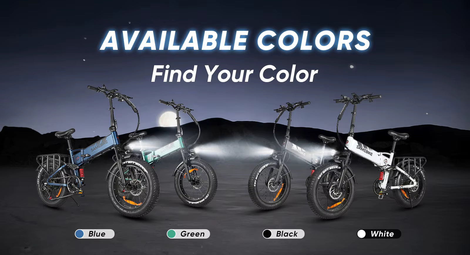 Four Samebike RS‑A02 PRO electric bikes in different colors available with a night sky background