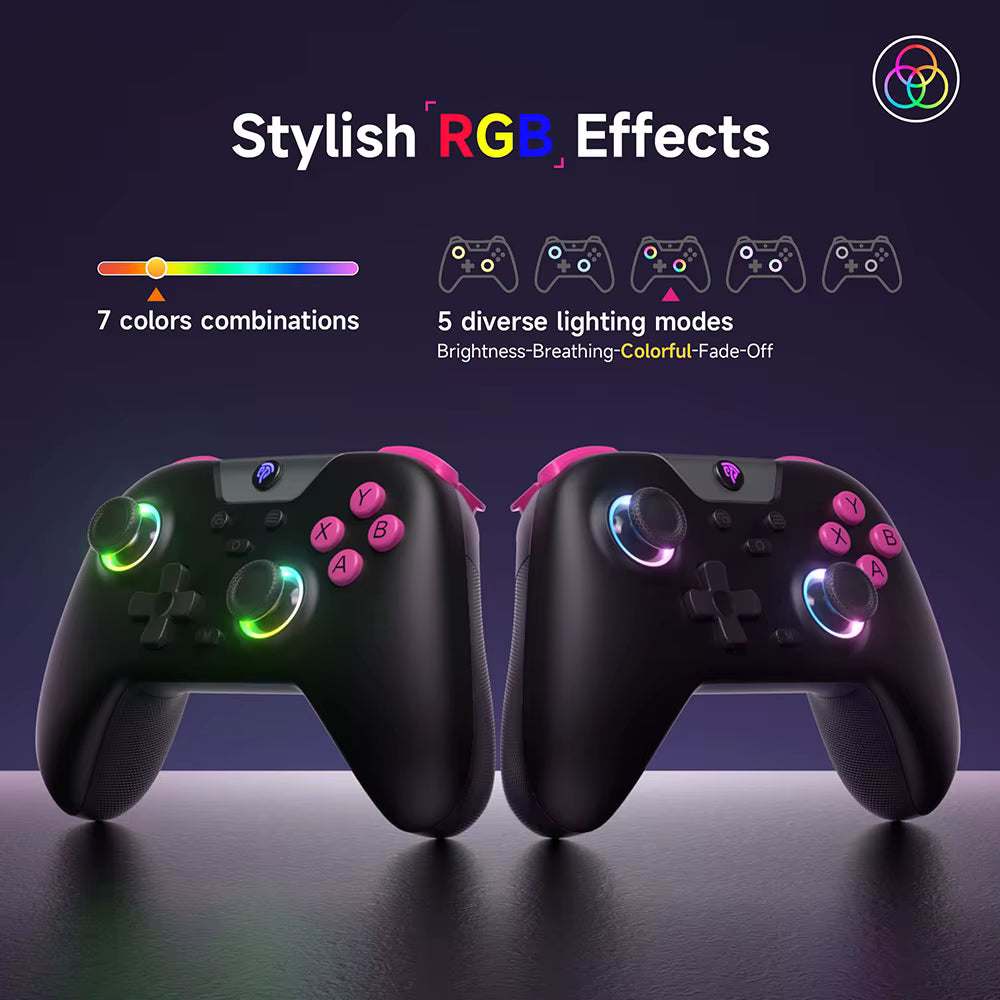 Two black controllers with pink buttons showing RGB lighting modes and seven color combinations on a reflective surface.