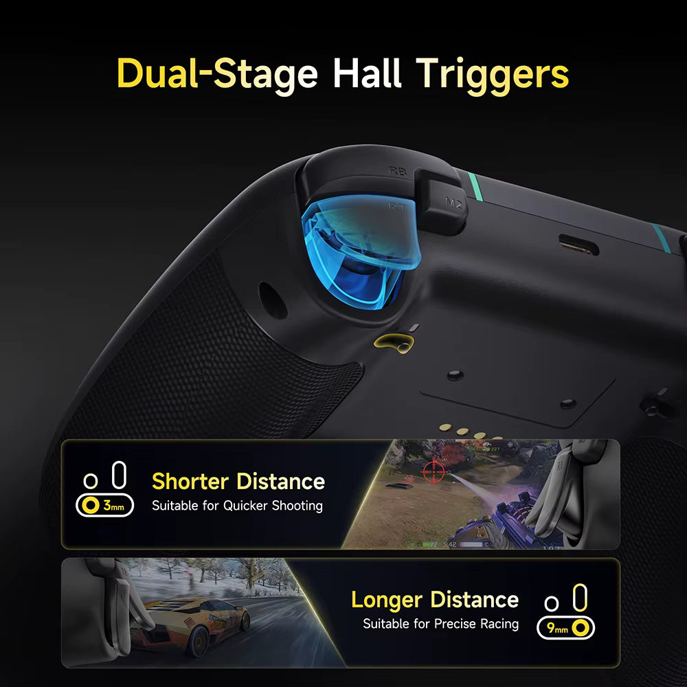 Close-up of dual-stage adjustable hall-effect linear triggers for racing and shooting games   
