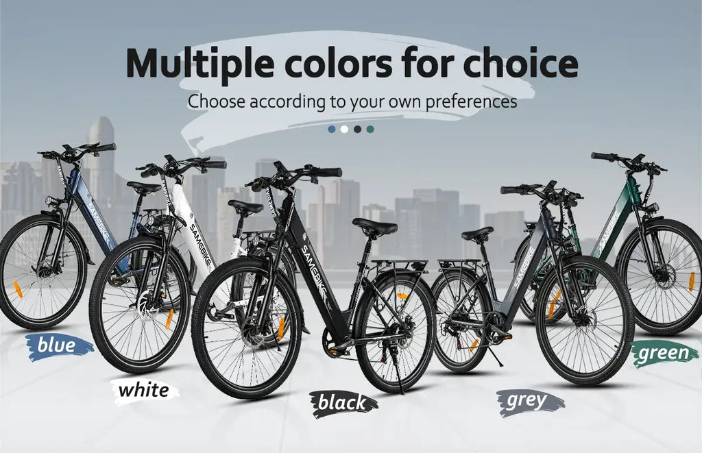 SAMEBIKE RS‑A01 PRO‑T Electric bikes in blue, white, black, and grey with a cityscape background.