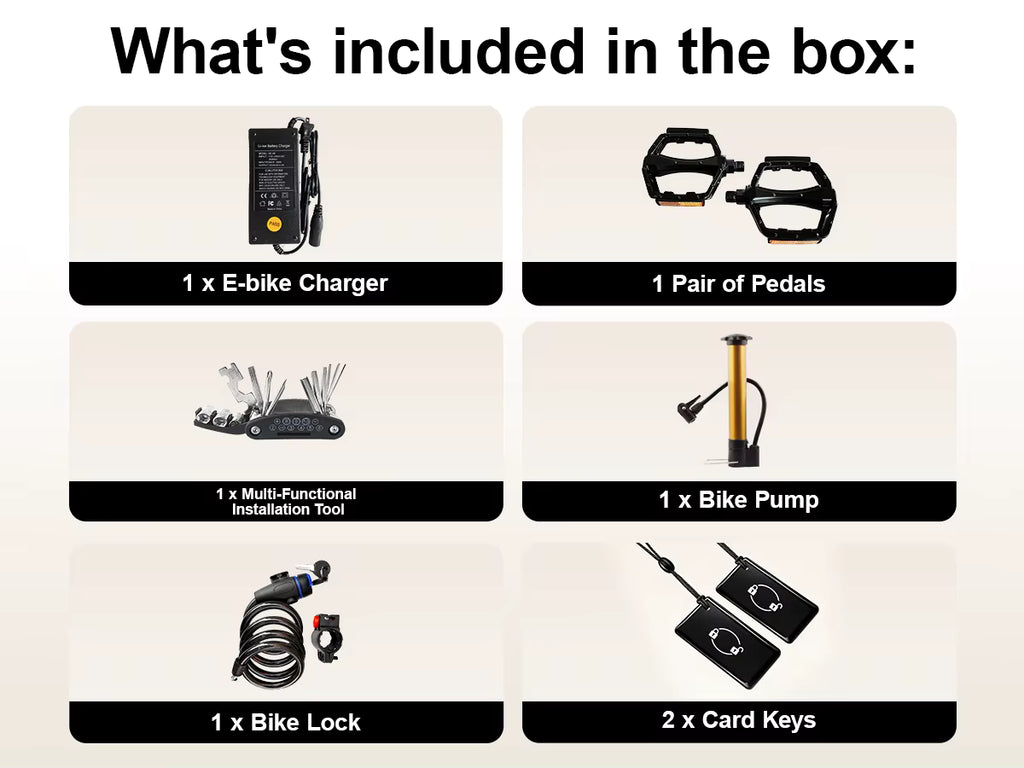 List of items included in a box with icons and labels on a beige background