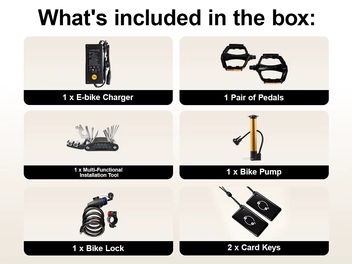 List of items included in a box with icons and labels on a beige background
