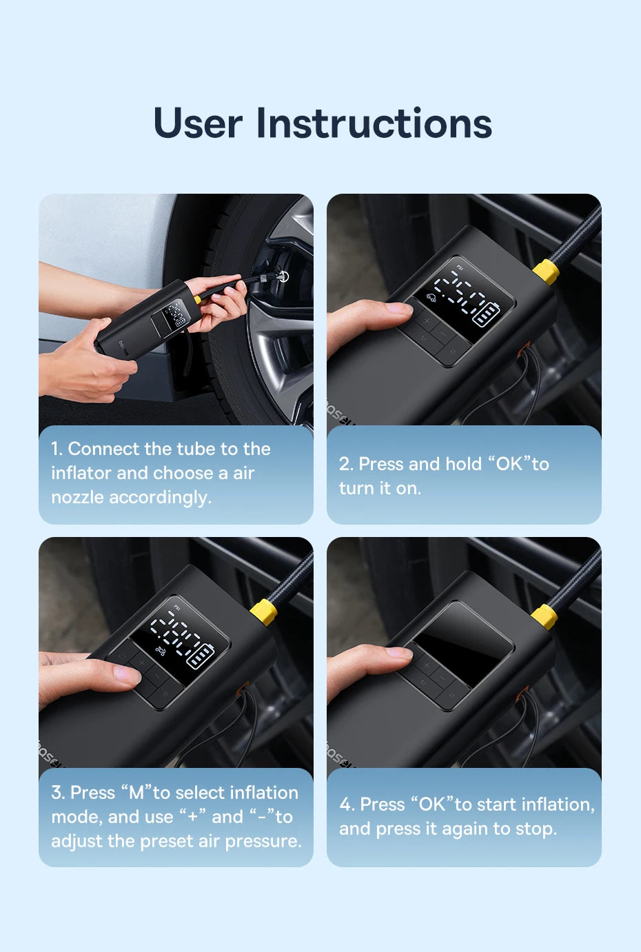 Step-by-step user instructions for using a car air inflator with images and text.