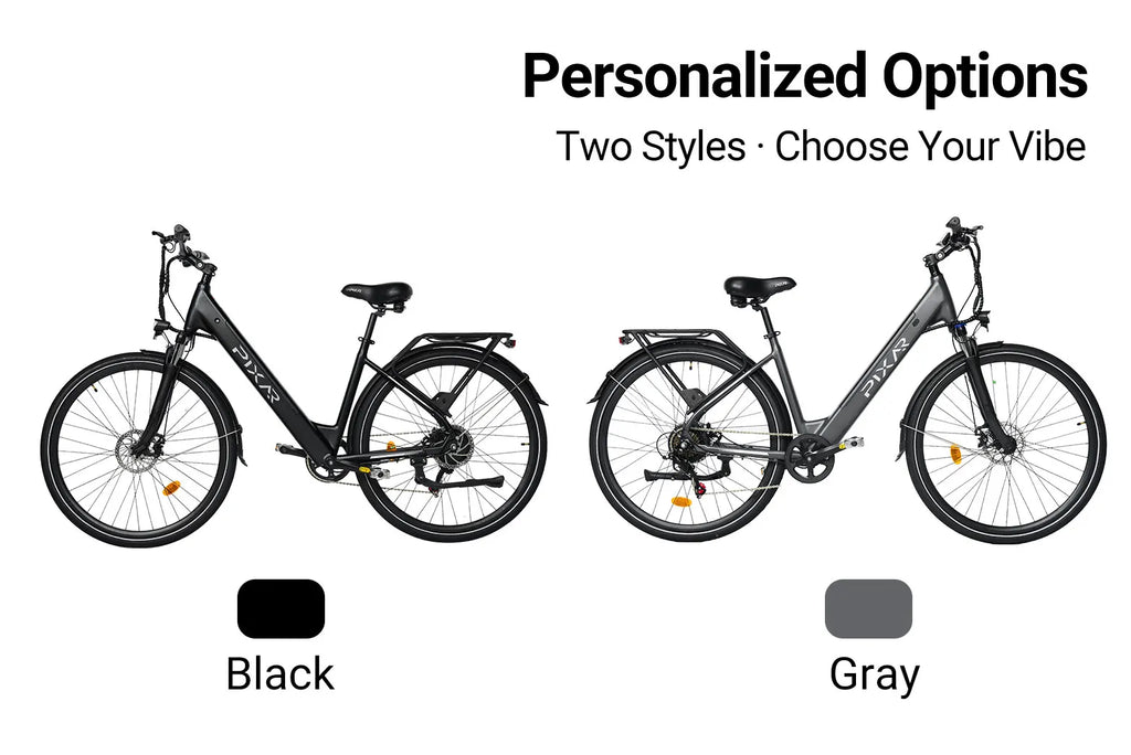 Two PIXAR C1 electric bicycles e-bikes one black and one grey, with 'Personalized Options' text above them on a white background.