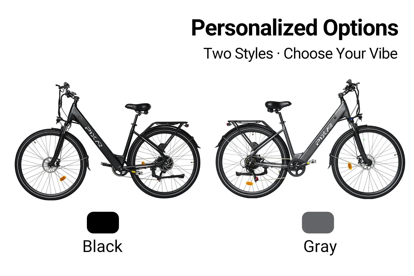 Two PIXAR C1 electric bicycles e-bikes one black and one grey, with 'Personalized Options' text above them on a white background.