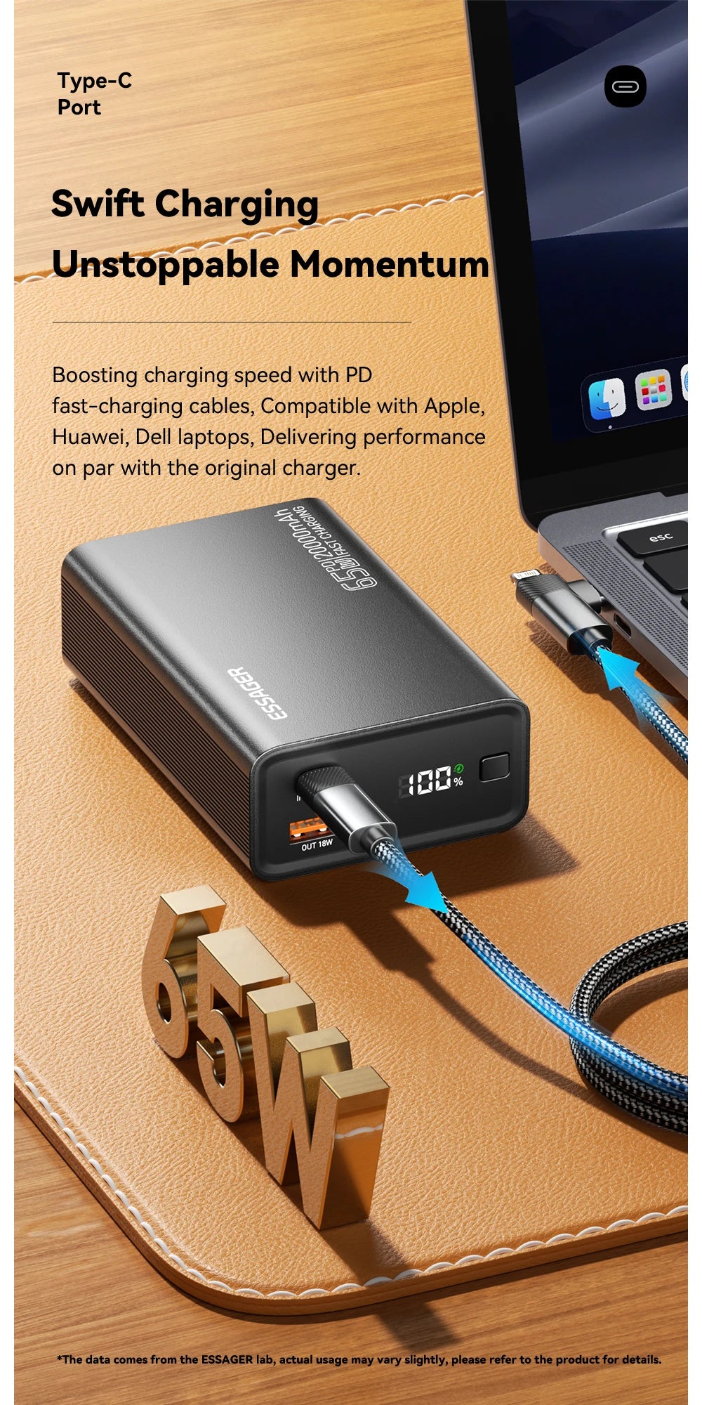 Power bank with laptop on wooden surface, text about swift charging.