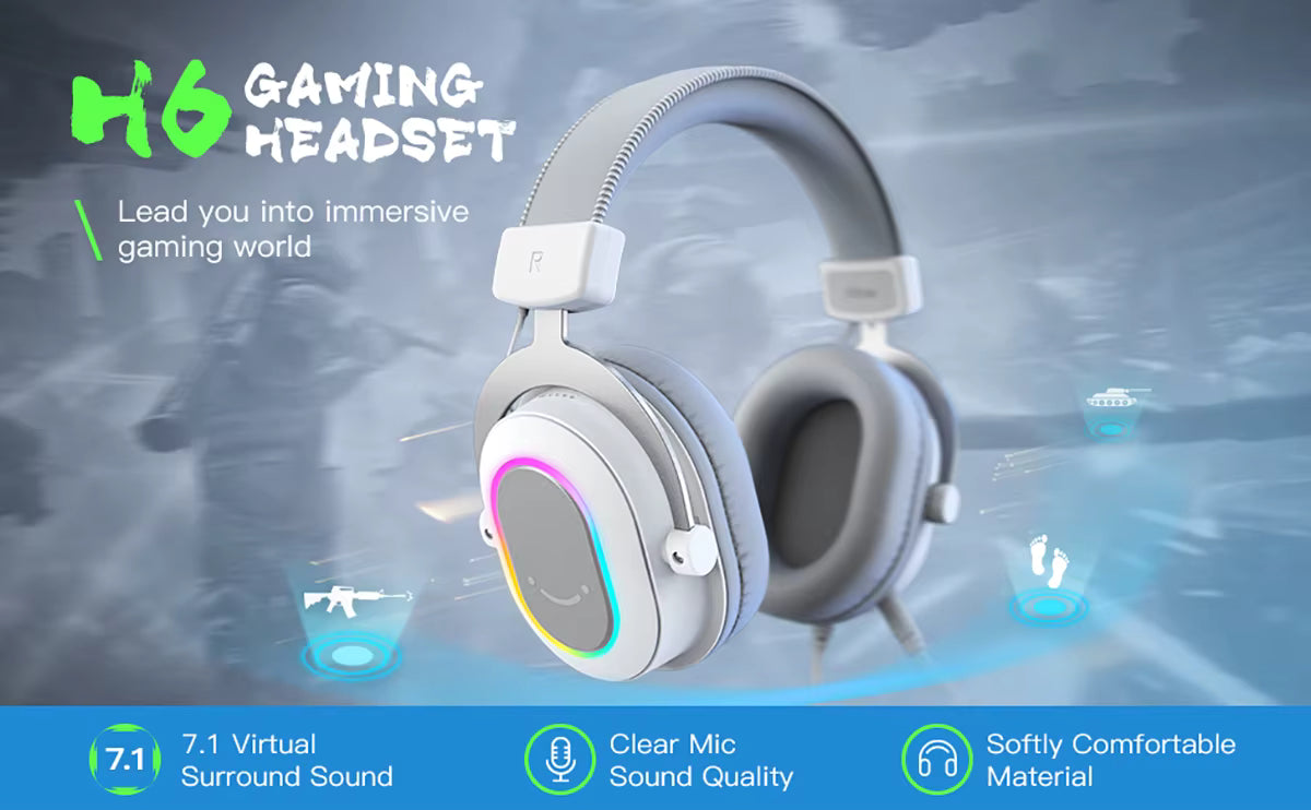 Product showcase graphic featuring the H6 gaming headset with key feature callouts