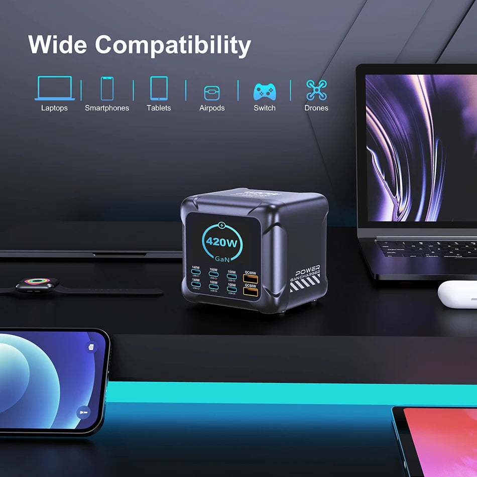 Power adapter with compatibility icons for laptops, smartphones, tablets, AirPods, Switch, and drones on a dark surface.