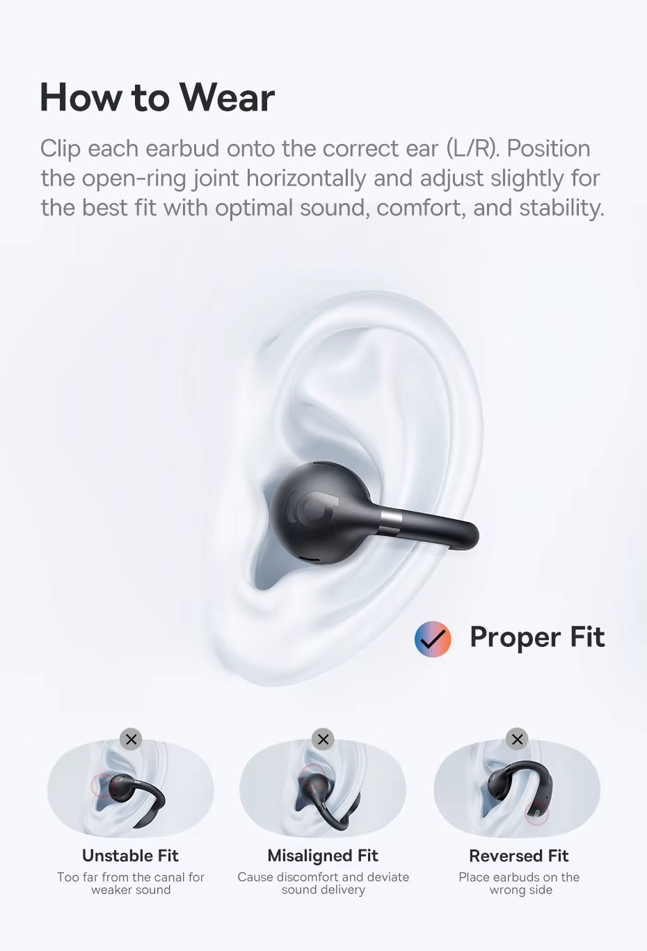 Instruction graphic for wearing earbuds, showing a large illustrated ear with one black earbud inserted and three smaller fit examples labeled Unstable Fit, Misaligned Fit, and Reversed Fit. Text explains how to clip and position the earbuds.