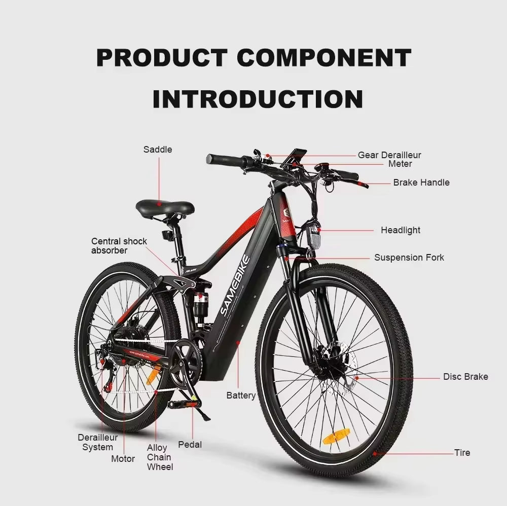Samebike XD26-II electric bicycle  with labeled components on a gray background