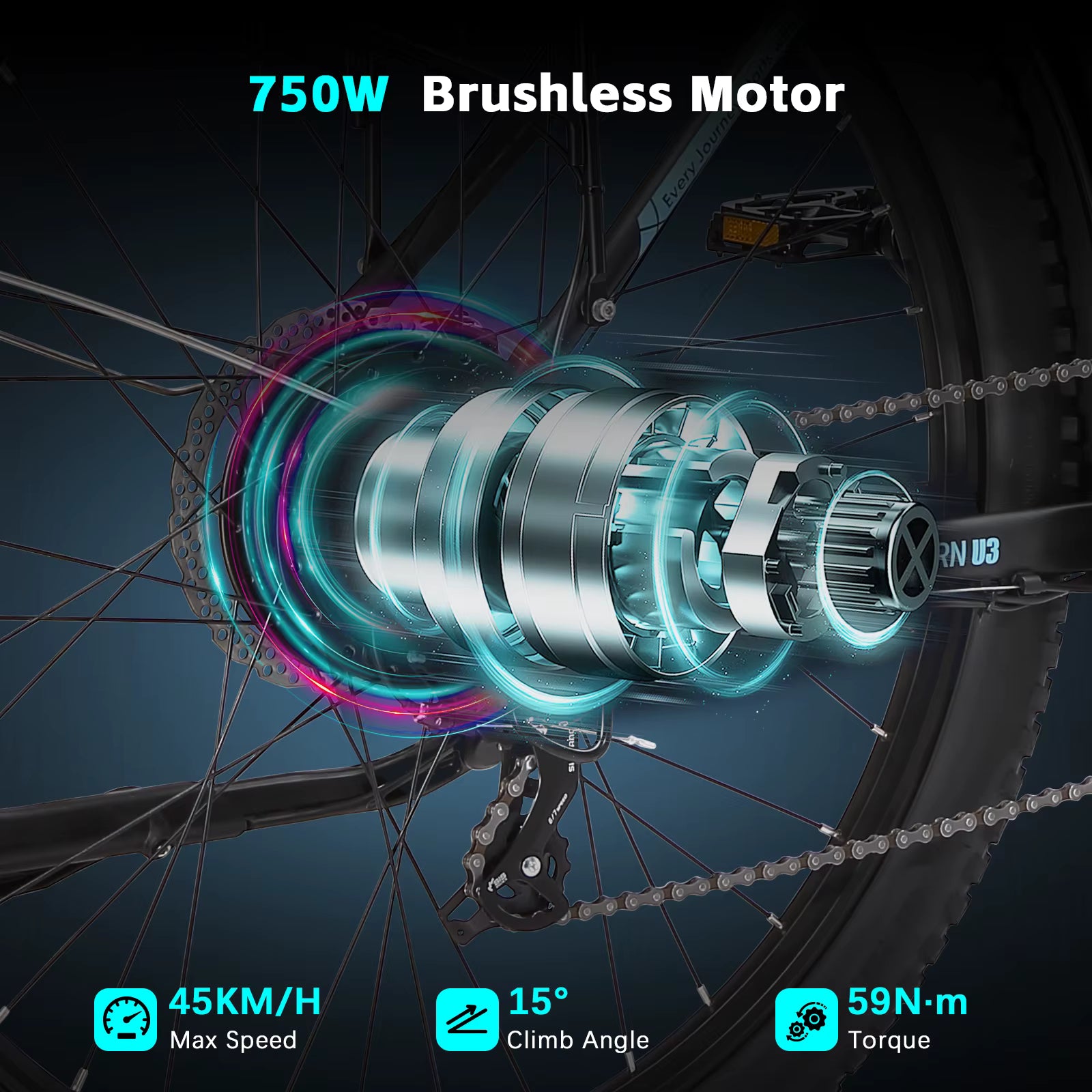 Close-up of  PURE UNICORN U3  ELECTRIC bicycle wheel with a 750W brushless motor, showing technical specifications.