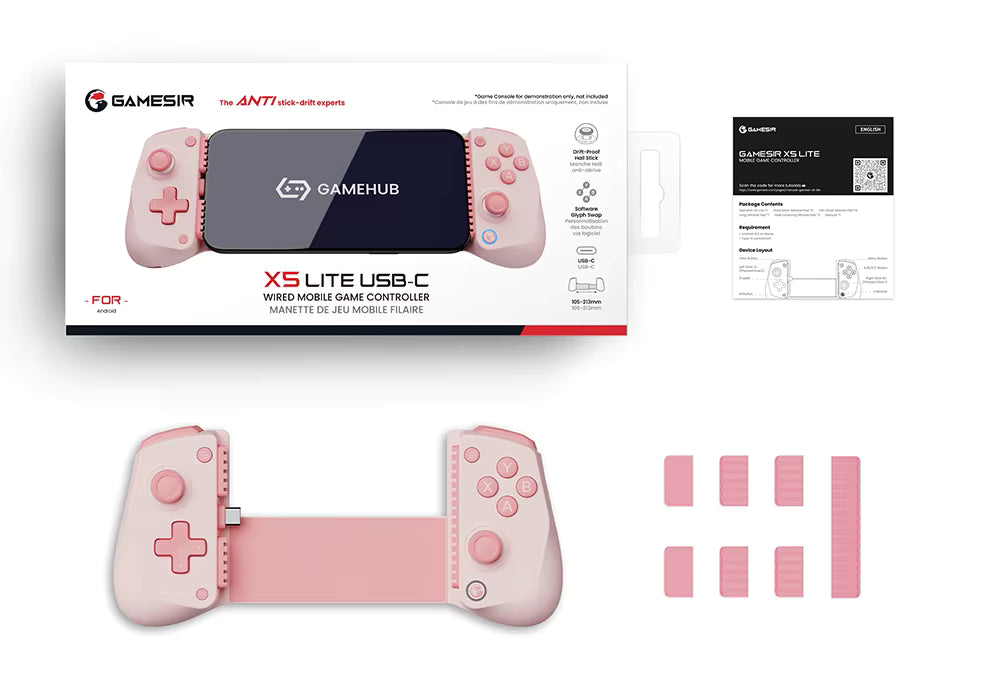 Pink handheld Gamesir X5 Lite Type-C gaming controller with packaging and accessories on a white background