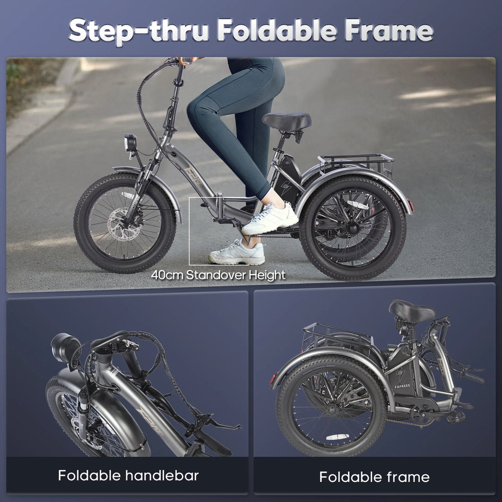 Step-thru foldable frame electric tricycle with person riding and close-up details on a road.