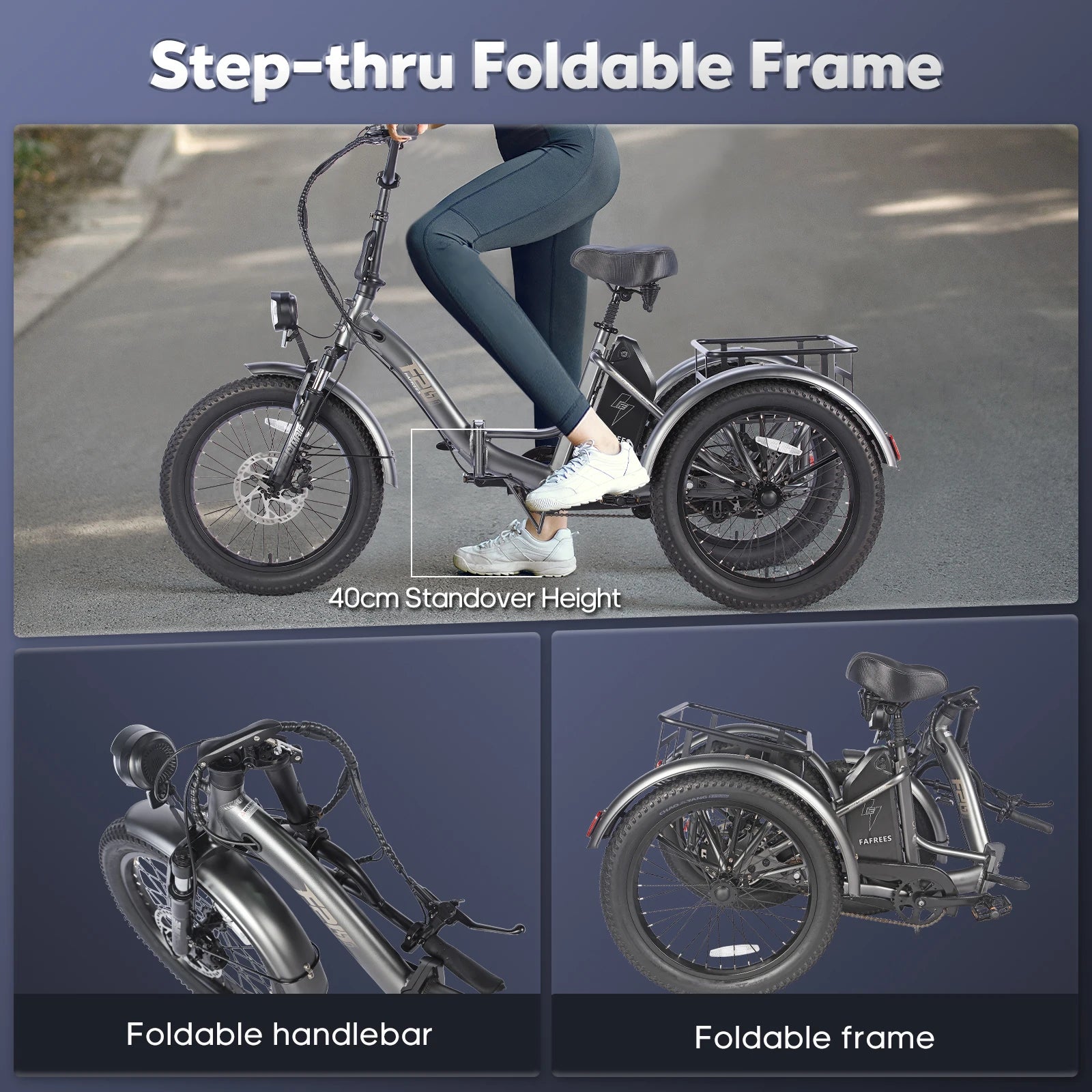 Step-thru foldable frame electric tricycle with person riding and close-up details on a road.