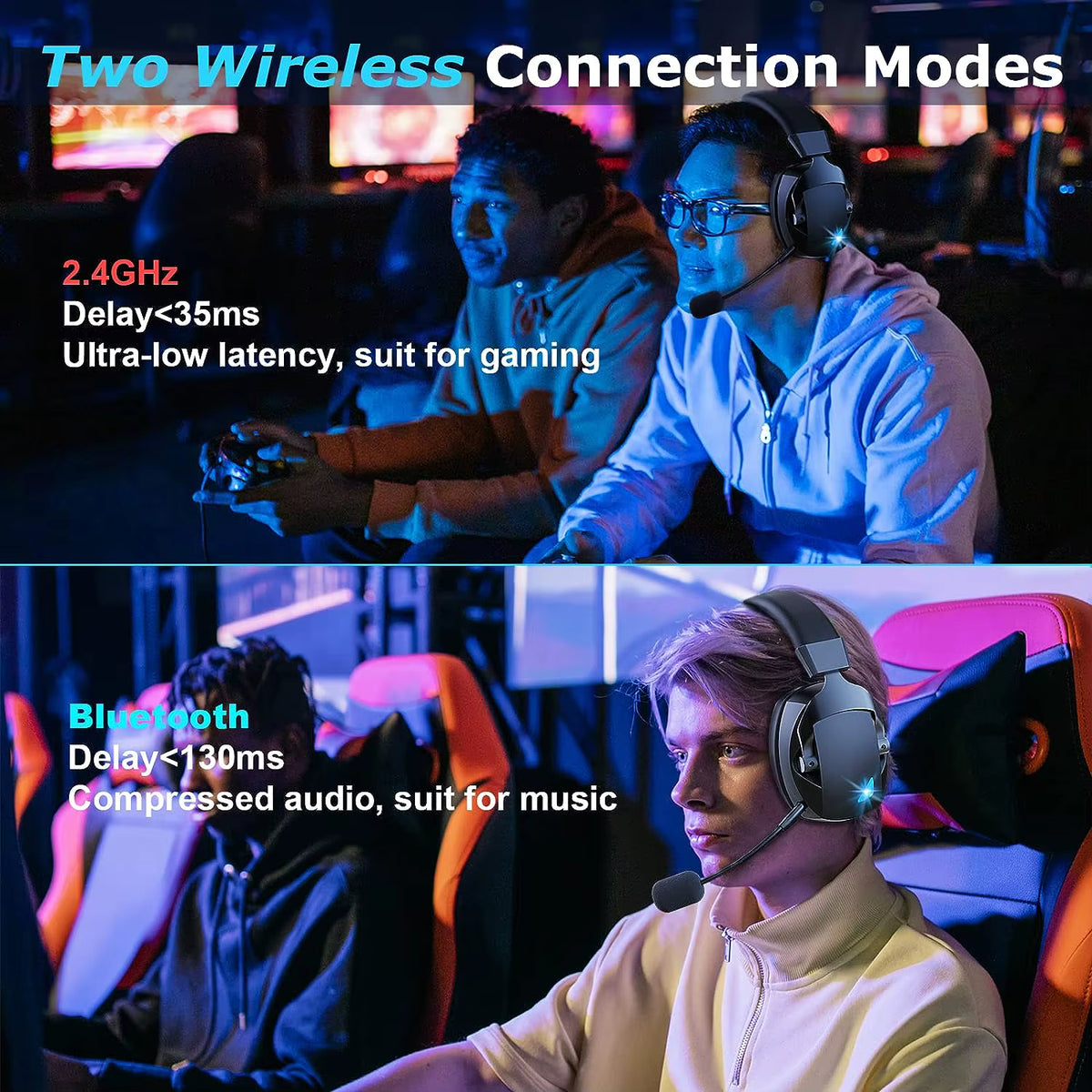 Promotional graphic demonstrating two wireless connection modes for low-latency gaming and immersive media