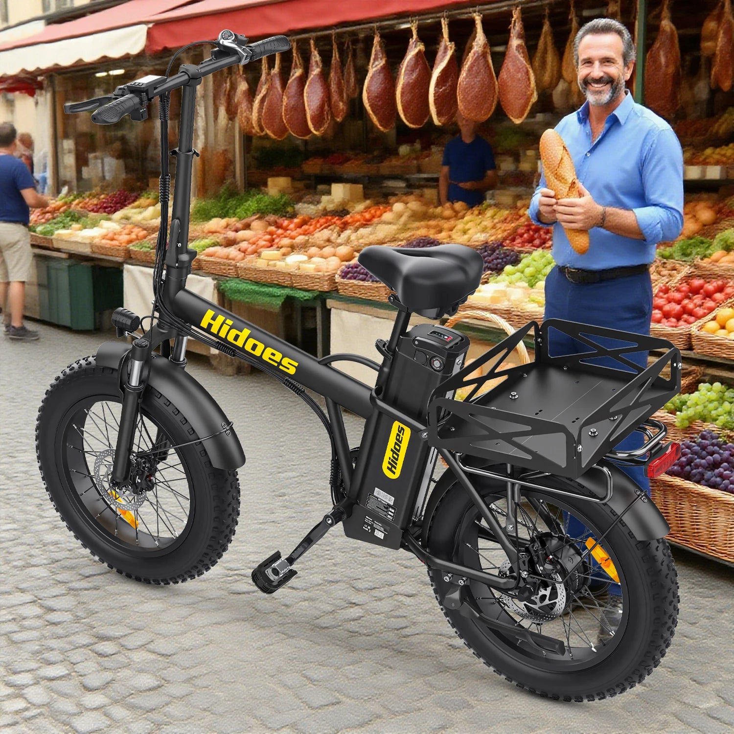 Black Hidoes HD-F3PRO electric bike with 'Hidoes' branding in front of a market stall with fruits and meats.