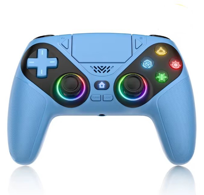 Sky Blue gaming controller with colorful buttons on a white background