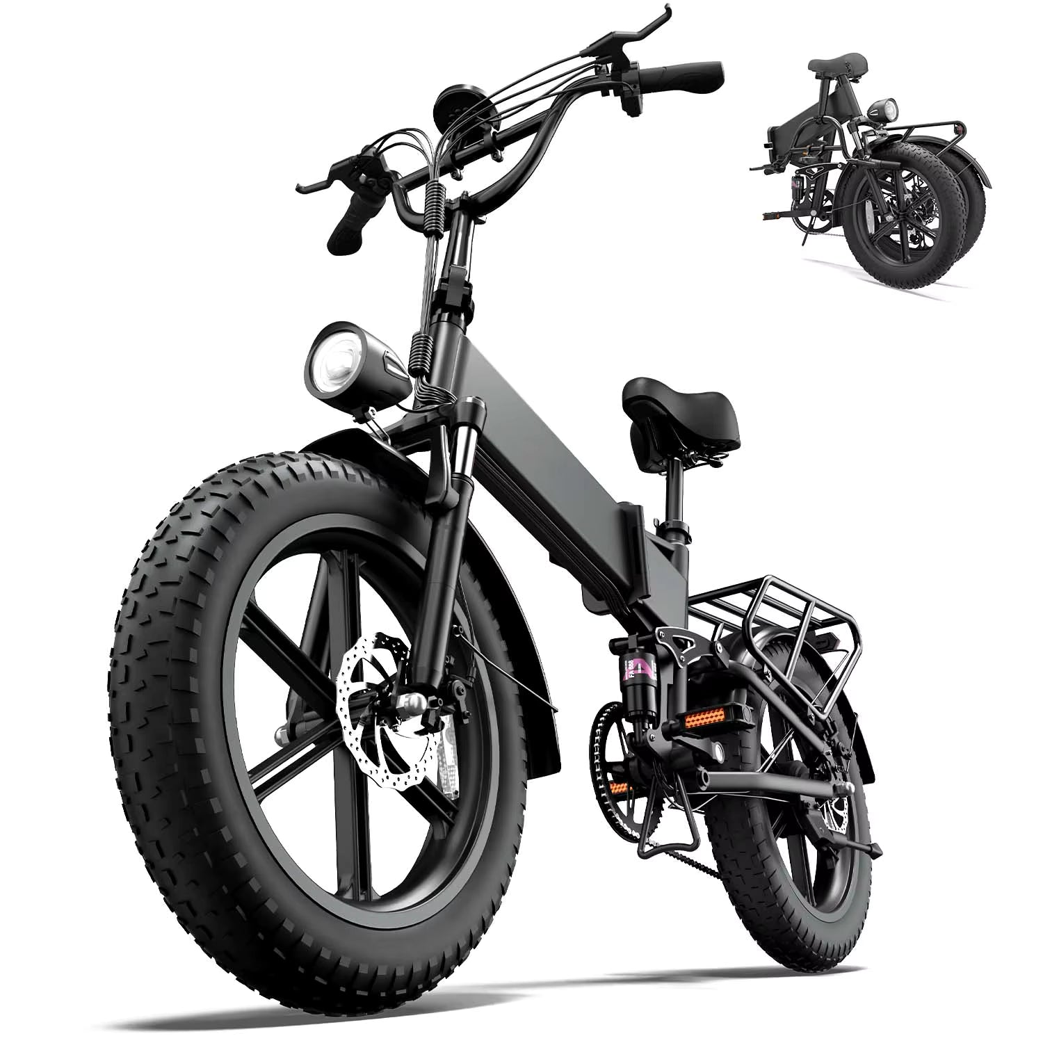 Black electric bike with a smaller inset image of a similar bike on a white background