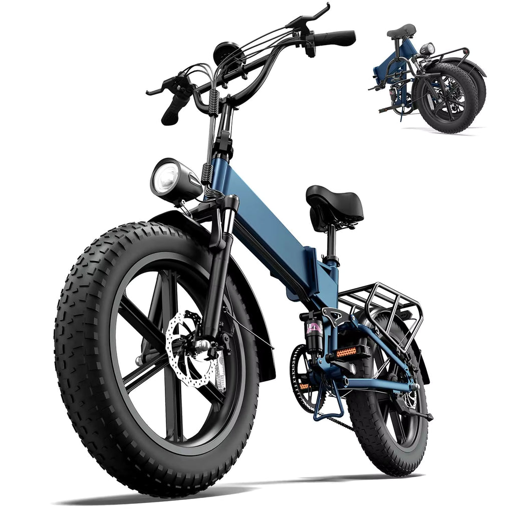 Blue electric bike with a smaller inset image of a similar bike on a white background