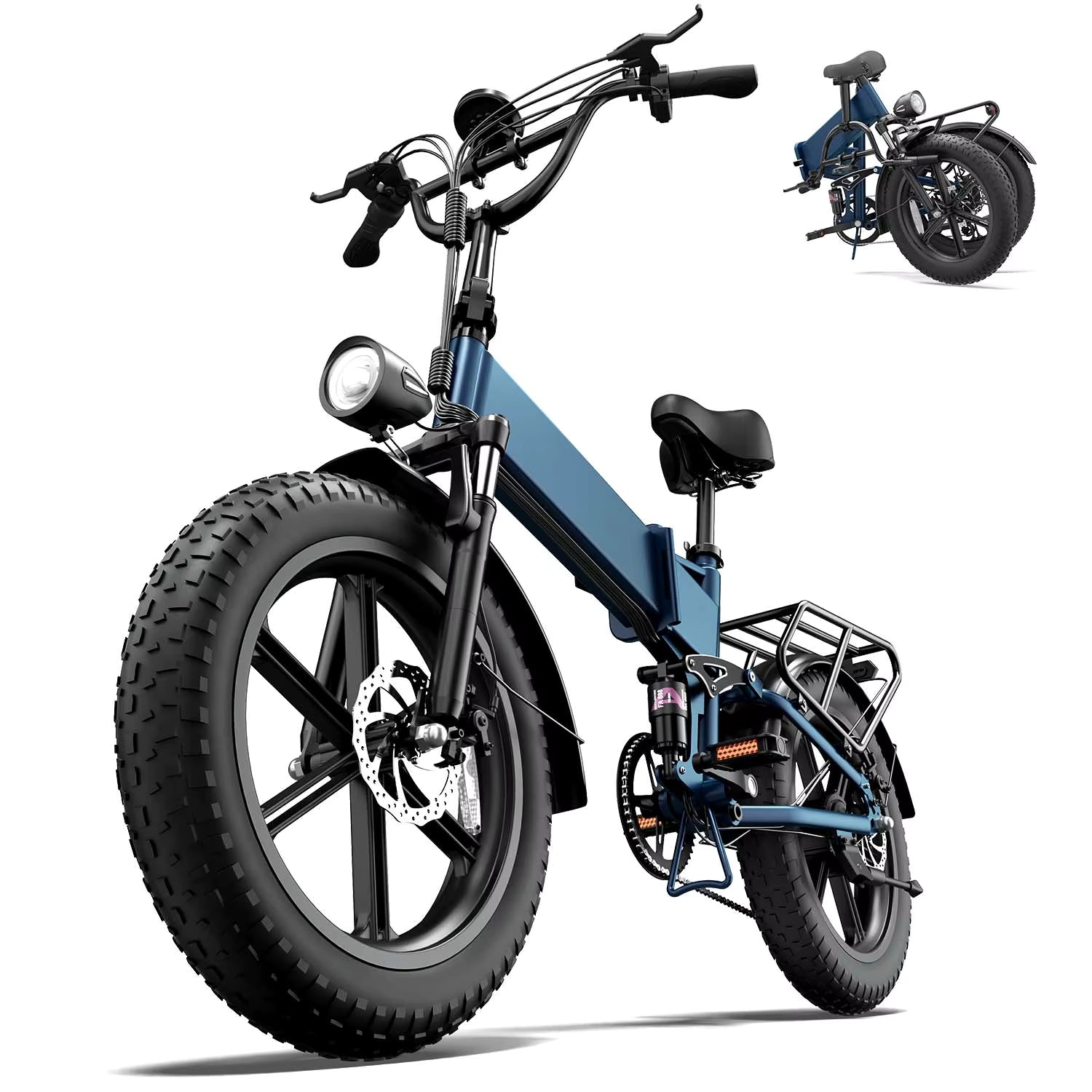 Blue electric bike with a smaller inset image of a similar bike on a white background