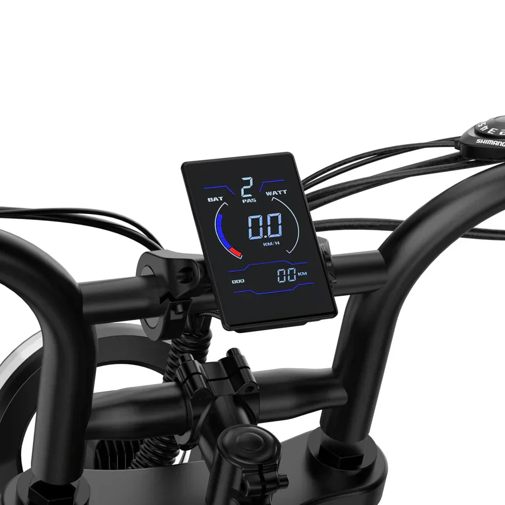 URLIFE T2 Fat Tyre Full Suspension Electric Bike - Matte Black E-Bike Studio Shot of LCD display on E-Bike