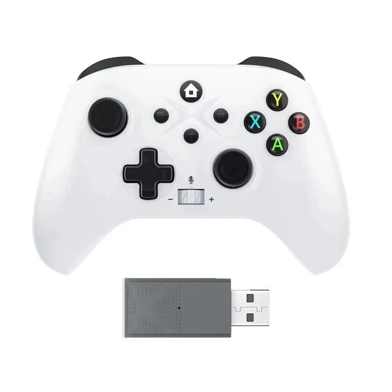 White gaming controller with USB adapter on a white background