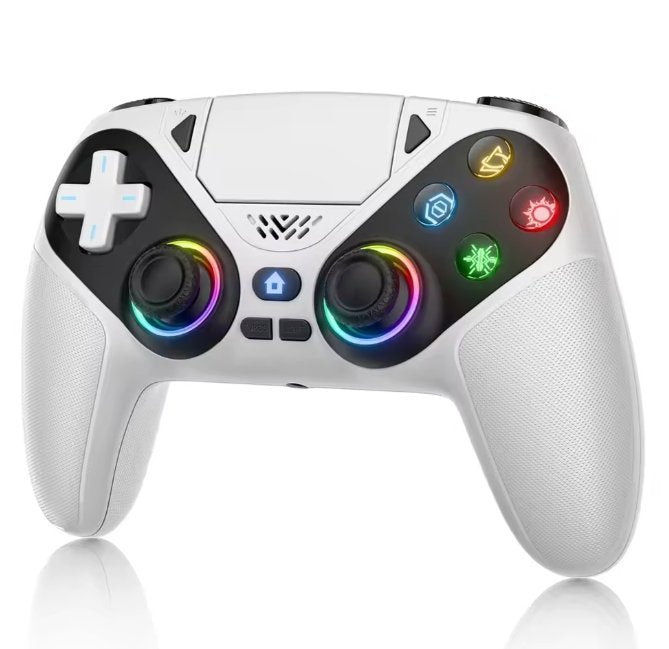 White gaming controller with colorful buttons on a white background