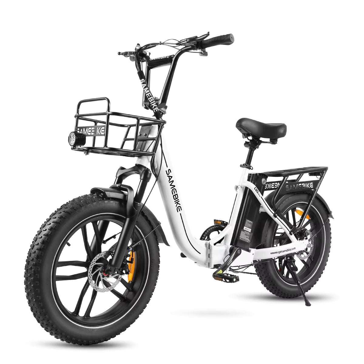 White electric bike with a basket on a white background