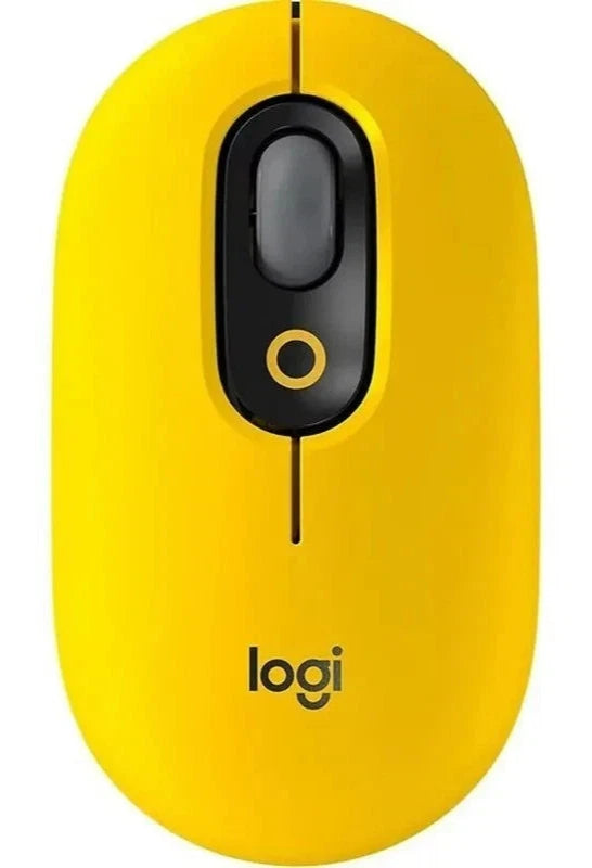 Yellow computer mouse with black scroll wheel and 'logi' branding on a white background