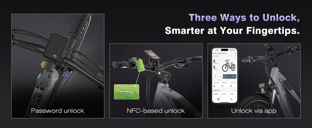 BK7S PLUS HITWAY 29” E‑bike Electric Bike Three methods to unlock a bike with visual examples and text on a dark background