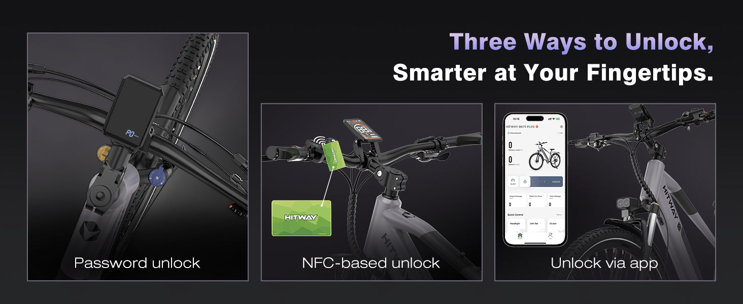 BK7S PLUS HITWAY 29” E‑bike Electric Bike Three methods to unlock a bike with visual examples and text on a dark background