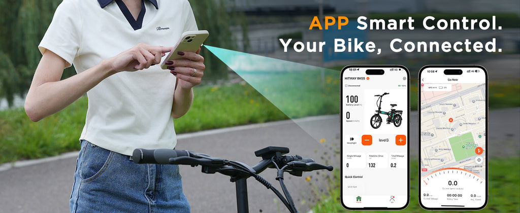 Person using a smartphone with app controls for a HITWAY BK5SL Electric Bike, displayed on phone screens.