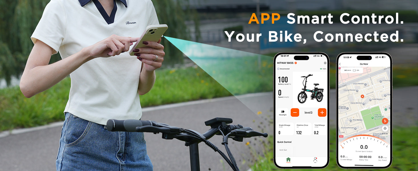 Person using a smartphone with app controls for a HITWAY BK5SL Electric Bike, displayed on phone screens.