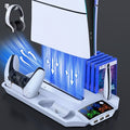 PS5 thermal dock demonstrating active fan ventilation cooling, DualSense charging bays, and game storage rack